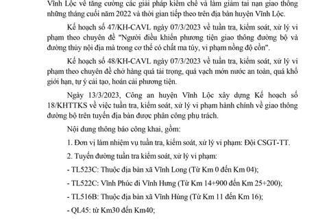 Công an huyện Vĩnh Lộc thông báo Kế hoạch TTKS tuần 18 (từ 13/3/2023 đến 19/3/2023)