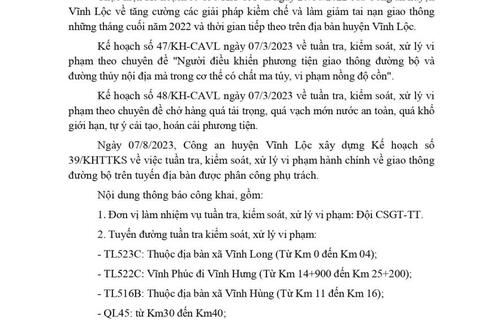 Công an huyện Vĩnh Lộc thông báo kế hoachj ttks tuần 39 (từ 7/8/2023 đến 13/8/2023)