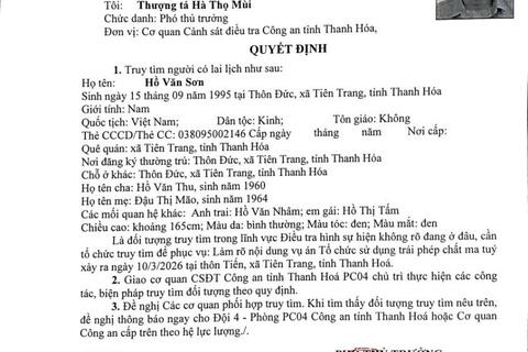 Quyết định truy tìm người số 4167B/QĐ-CSMT ngày 13/3/2026 của Cơ quan CSĐT(PC04) Công an tỉnh Thanh Hóa