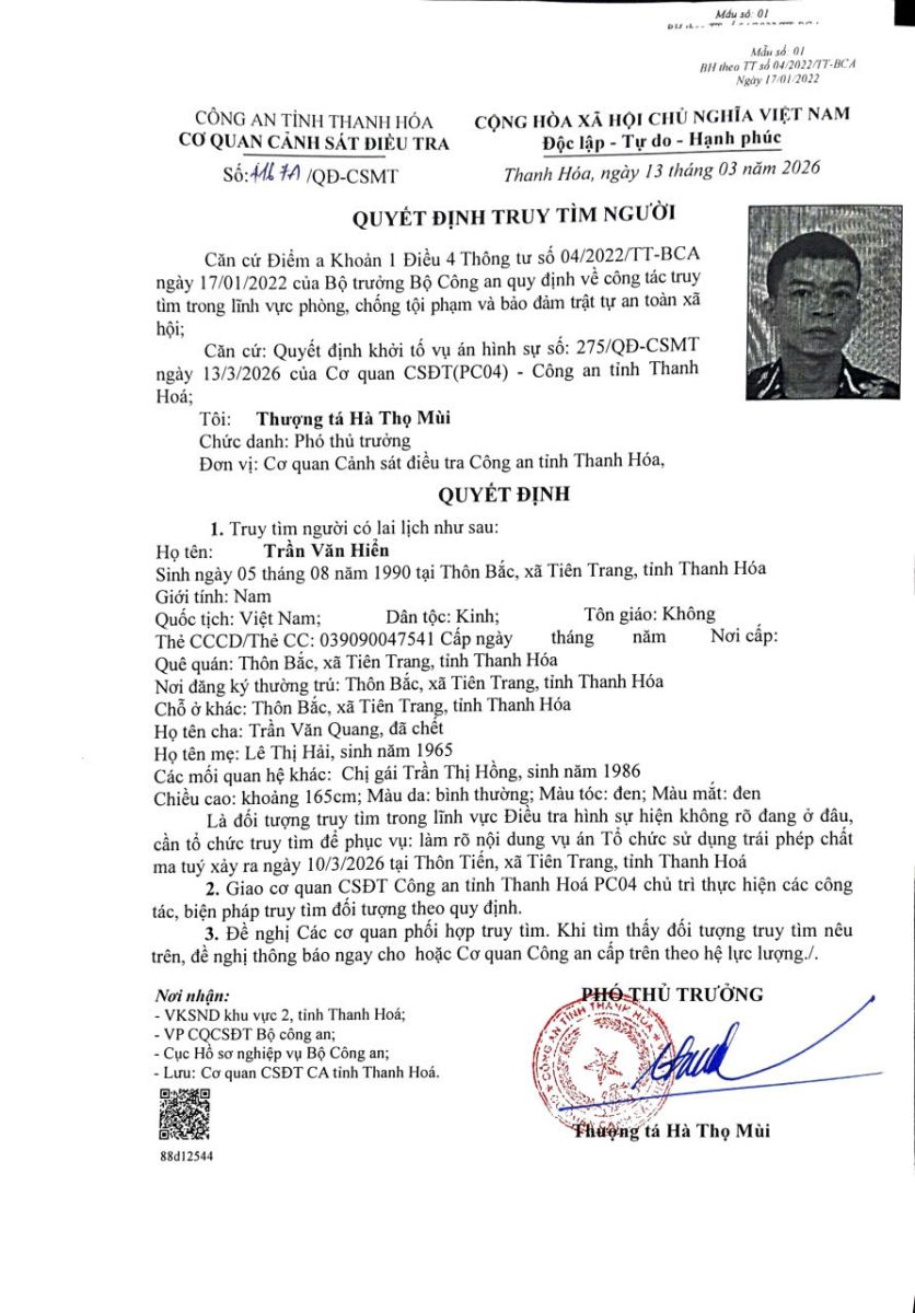 Quyết định truy tìm người số 4167A/QĐ-CSMT của Cơ quan CSĐT (PC04) Công an tỉnh Thanh Hóa
