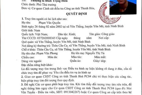 Quyết định truy tìm người số 7279/QĐ-CSMT ngày 27/5/2025 của Phòng CSĐTTP về ma túy Công an tỉnh Thanh Hóa