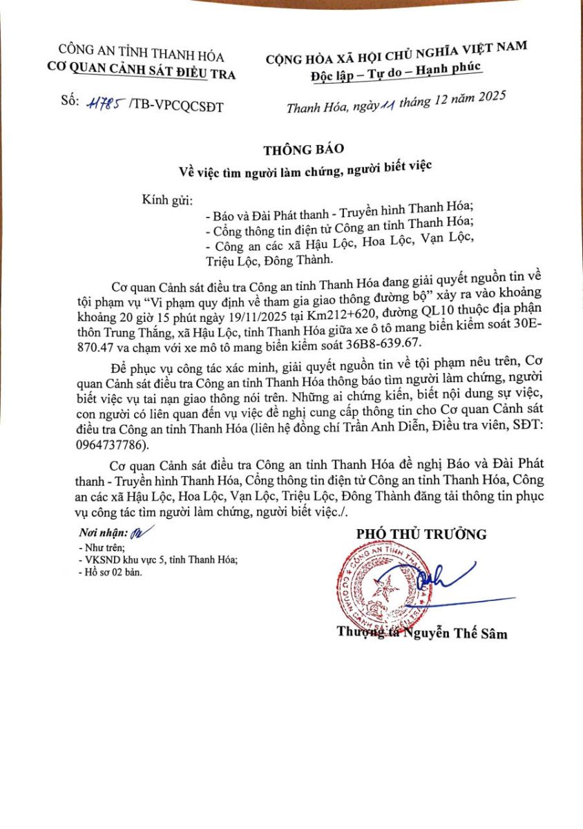 Thông báo tìm người làm chứng, người biết việc số 287/TB-VPCQCSĐT ngày 24/7/2025 của Văn phòng Cơ quan CSĐT(PC01) Công an tỉnh Thanh Hóa