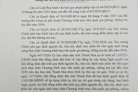 Thông qua việc lấy ý kiến góp ý dự thảo Nghị quyết Quy định nguyên tắc, tiêu chí, định mức phân bổ vốn thực hiện Chương trình mục tiêu quốc gia phòng, chống ma túy đến năm 2030 trên địa bàn tỉnh Thanh Hóa.