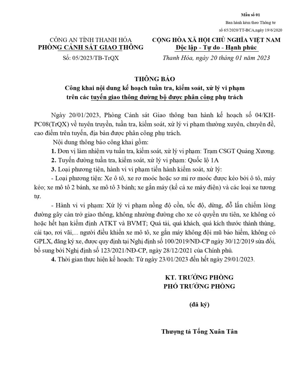 Thông báo Kế hoạch Tuần 04 Trạm CSGT Quảng Xương Phòng PC08 (từ ngày 23/01/2023 đến ngày 29/01/2023)
