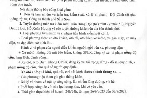 Kế hoạch tuần tra kiểm soát xử lý vi phạm TTATGT trên địa bàn thành phố Sầm Sơn từ ngày 26/6-2023 đến 02/7/2023