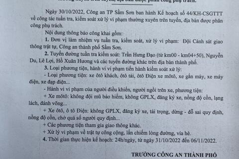 Kế hoạch tuần tra kiểm soát xử lý vi phạm TTATGT trên địa bàn thành phố Sầm Sơn từ 31/11/2022-06/11/2022