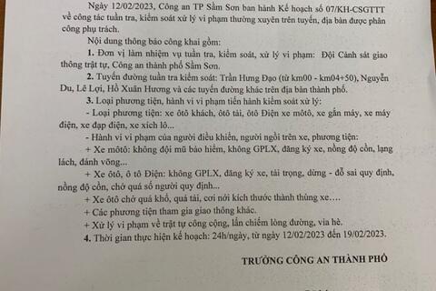 Kế hoạch tuần tra kiểm soát xử lý vi phạm TTATGT trên địa bàn thành phố Sầm Sơn từ ngày 13/2-2023 đến ngày 19/2/2023
