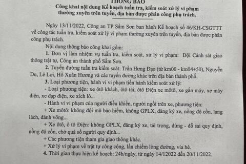 Kế hoạch tuần tra kiểm soát xử lý vi phạm TTATGT trên địa bàn thành phố Sầm Sơn từ ngày 14/11/2022-20/11/2022