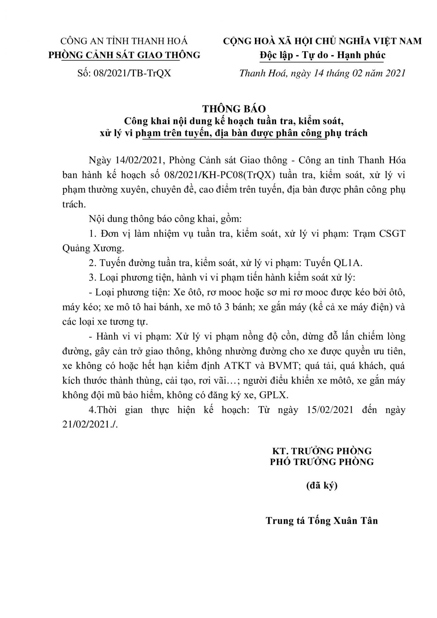 Kế hoạch Tuần 08 Trạm CSGT Quảng Xương, Phòng PC08 (15/02/2021 - 21/02/2021)