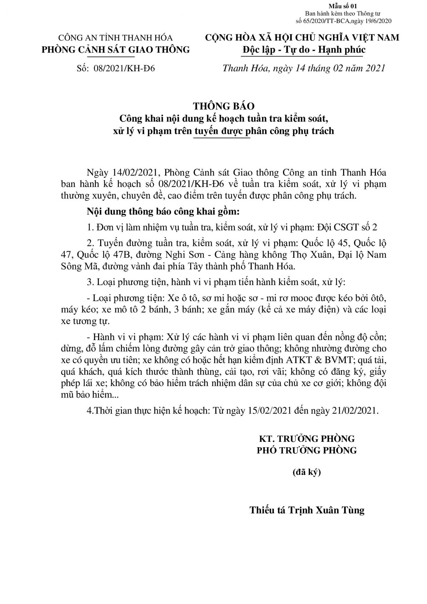 Kế hoạch Tuần 08 Đội CSGT số 2, Phòng PC08 (15/02/2021 - 21/02/2021)