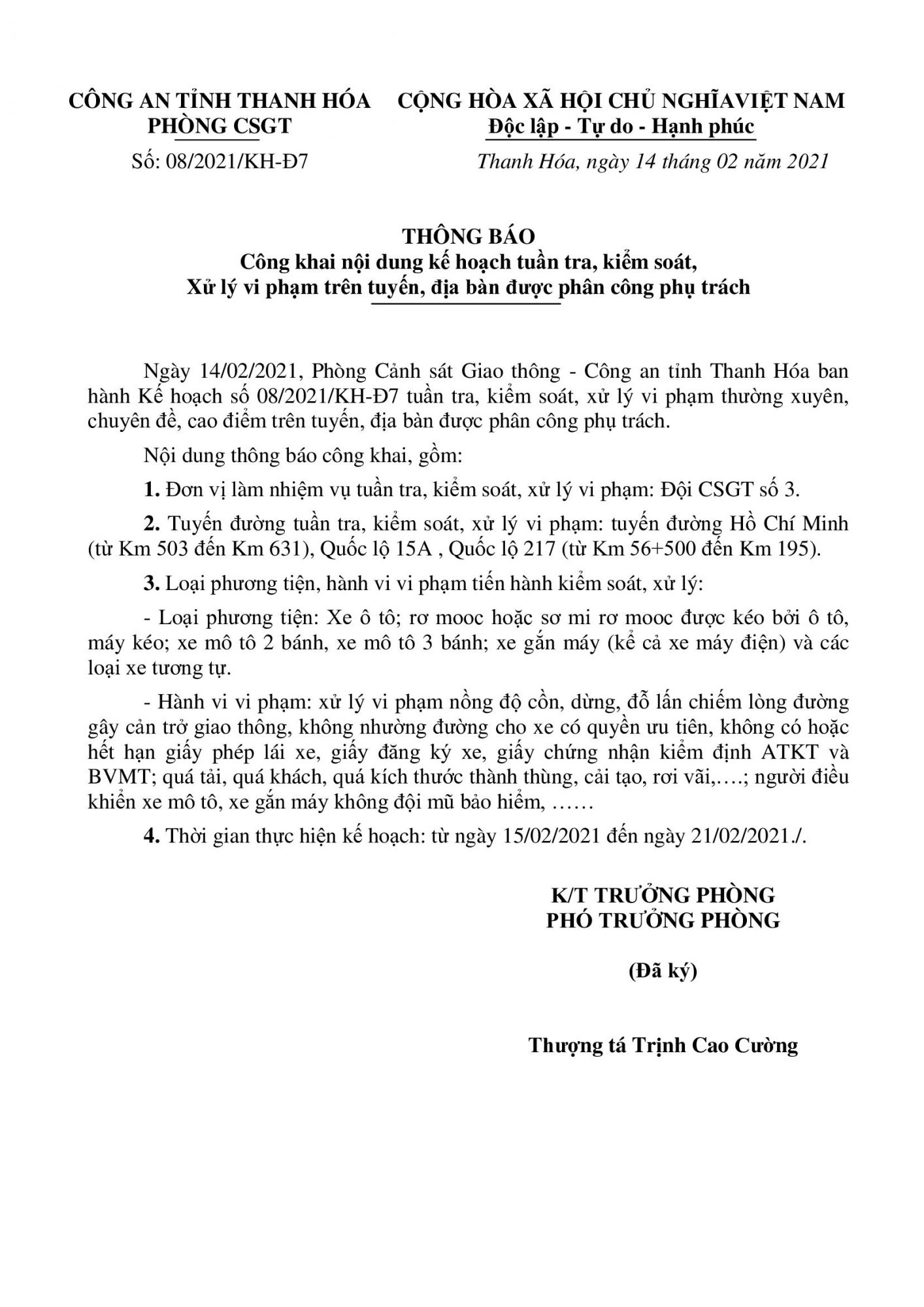 Kế hoạch Tuần 08 Đội CSGT số 3, Phòng PC08 (15/02/2021 - 21/02/2021)