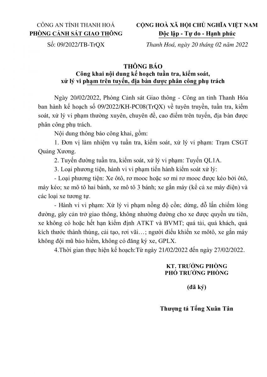 Kế hoạch Tuần 09 Trạm CSGT Quảng Xương Phòng PC08 (21/02/2021 - 27/02/2021)