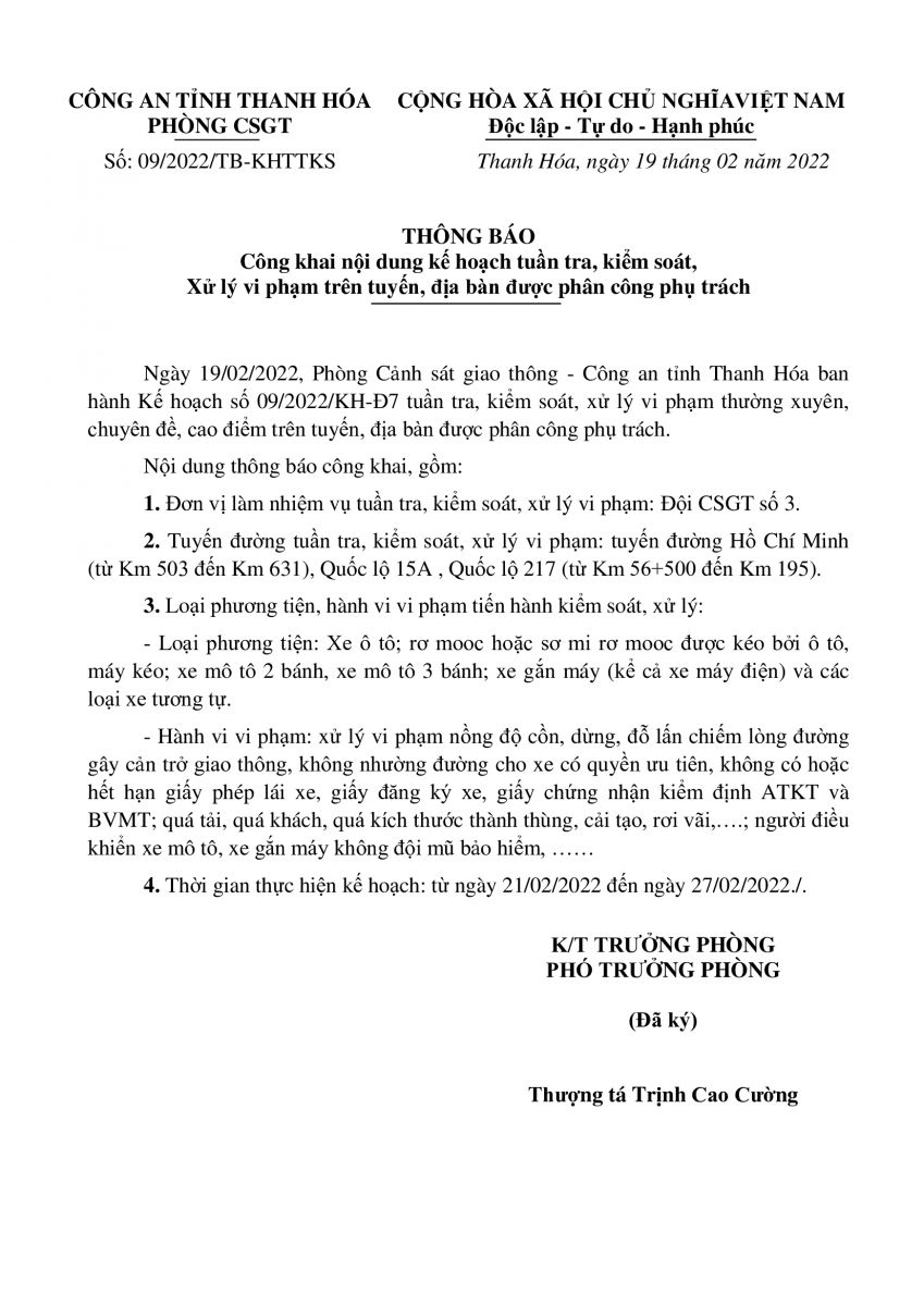 Kế hoạch Tuần 09 Đội CSGT số 3 Phòng PC08 (21/02/2021 - 27/02/2021)