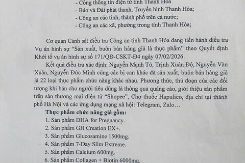Thông báo tìm bị hại trong vụ án sản xuất, buôn bán thực phẩm chức năng giả