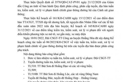 thông báo công khai kế hoạch TTKS từ ngày 06/01 đến hết ngày 16/01/2022 của Công an huyện Hoằng Hoá
