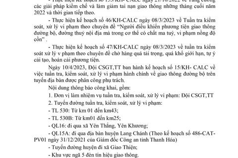 Công an huyện Lang Chánh thông báo công khai kế hoạch TTKS từ ngày 10/4 đến ngày 16/4/2023