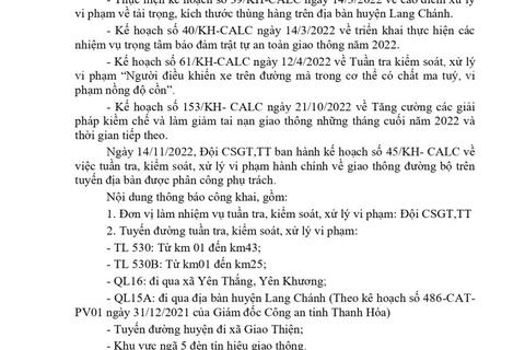 Công an huyện Lang Chánh thông báo công khai kế hoạch TTKS từ ngày 14/11 đến ngày 20/11/2022