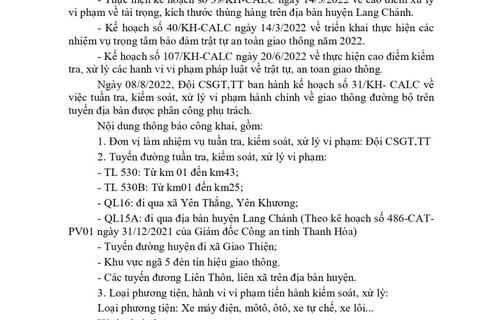 Công an huyện Lang Chánh thông báo nội dung công khai TTKS từ ngày 08/8 - 14/8/2022