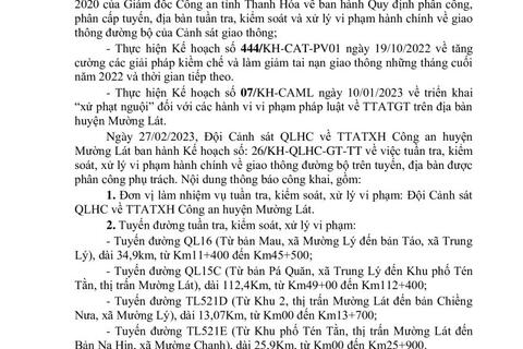 Thông báo công khai nội dung TTKS, XLVP của Đội Cảnh sát QLHC về TTATXH Công an huyện Mường Lát (Từ ngày 27/02/2023 đến 05/03/2023)