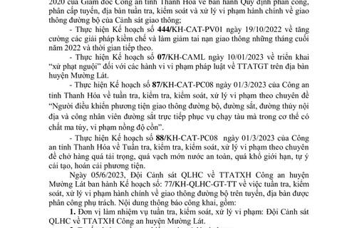 Thông báo công khai nội dung TTKS, XLVP của Đội Cảnh sát QLHC về TTATXH Công an huyện Mường Lát (Từ ngày 05/6/2023 đến 11/6/2023)