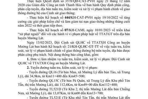 Thông báo công khai nội dung TTKS, XLVP của Đội Cảnh sát QLHC về TTATXH Công an huyện Mường Lát (Từ ngày 13/02/2023 đến 19/02/2023)