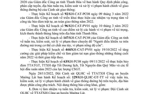 Thông báo công khai nội dung TTKS, XLVP của Đội Cảnh sát QLHC về TTATXH Công an huyện Mường Lát (Từ ngày 28/11/2022 đến 04/12/2022)