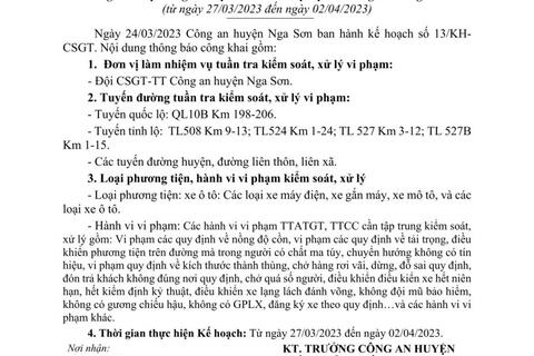 kế hoạch công tác tuần Công an huyện Nga Sơn (từ ngày 27/03/2023 đến ngày 02/04/2023)