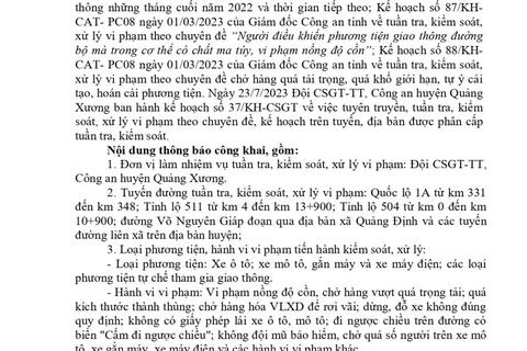 Thông báo công khai nội dung kế hoạch tuần tra kiểm soát,  Xử lý vi phạm trên tuyến, trên địa bàn huyện Quảng Xương. Từ ngày 24/07/2023 đến ngày 30/07/2023.