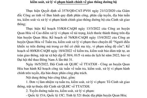 Kế hoạch TTKS, XLVPHC  - Công an huyện Quan Hóa từ ngày 16/5/2022 đến 22/5/2022