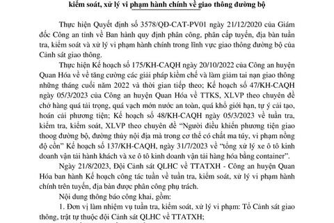 Kế hoạch TTKS, XLVPHC về giao thông đường bộ của Đội CSGT - Công an huyện Quan Hoá ( từ ngày 21/8/2023 đến ngày 27/8/2023)