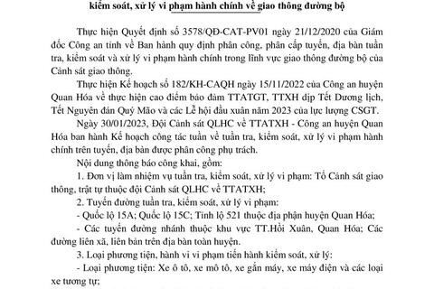 Kế hoạch TTKS, XLVPHC về giao thông đường bộ của Đội CSGT - Công an huyện Quan Hoá ( từ ngày 30/01/2023 đến ngày 05/02/2023)