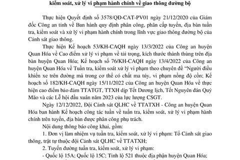 Kế hoạch TTKS, XLVPHC  - Công an huyện Quan Hóa từ ngày 12/12/2022 đến 18/12/2022