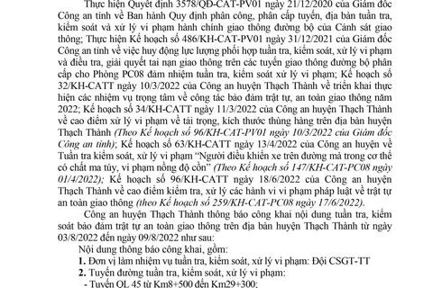 Công an huyện Thạch Thành thông báo  công khai nội dung kế hoạch tuần tra, kiểm soát,  xử lý vi phạm hành chính về giao thông đường bộ (từ ngày 03/8/2022 đến ngày 09/8/2022)