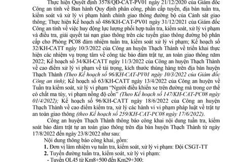Công an huyện Thạch Thành thông báo  công khai nội dung kế hoạch tuần tra, kiểm soát,  xử lý vi phạm hành chính về giao thông đường bộ (từ ngày 21/9 đến 27/9/2020)