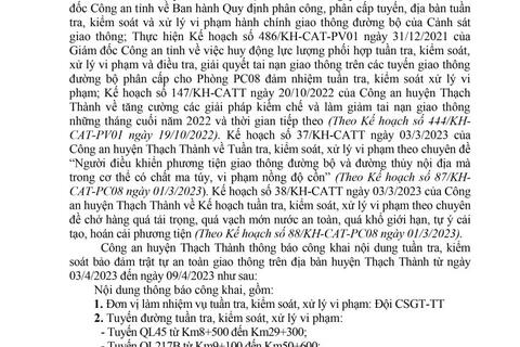 Công an huyện Thạch Thành thông báo  công khai nội dung kế hoạch tuần tra, kiểm soát,  xử lý vi phạm hành chính về giao thông đường bộ (từ ngày 03/4/2023 đến ngày 09/4/2023)