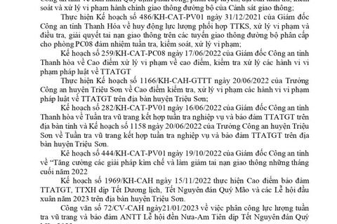Công an huyện Triệu Sơn thông báo công khai nội dung kế hoạch TTKS, xử lý vi phạm về giao thông đường bộ (từ ngày 23/01/2023 đến ngày 29/01/2023