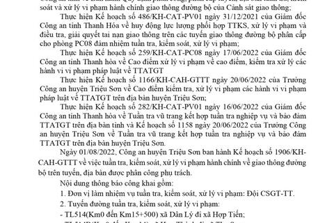 Công an huyện Triệu Sơn thông báo công khai nội dung kế hoạch TTKS, xử lý vi phạm về giao thông đường bộ (từ ngày 01/08/2022 đến 07/08/2022)