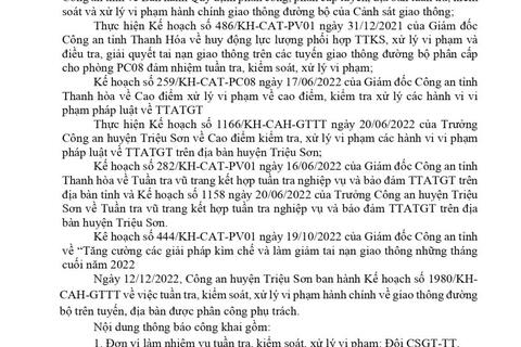 Công an huyện Triệu Sơn thông báo công khai nội dung kế hoạch TTKS, xử lý vi phạm về giao thông đường bộ (từ ngày 12/12/2022 đến 18/12/2022)