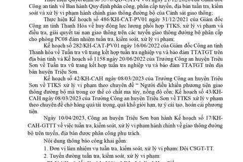Công an huyện Triệu Sơn thông báo công khai nội dung kế hoạch TTKS, xử lý vi phạm về giao thông đường bộ (từ ngày 10/04/2023 đến ngày 16/04/2023)
