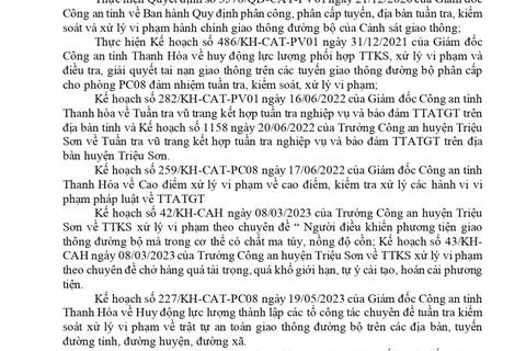 Công an huyện Triệu Sơn thông báo công khai nội dung kế hoạch TTKS, xử lý vi phạm về giao thông đường bộ (từ ngày 12/06/2023 đến ngày 18/06/2023)