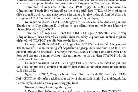 Công an huyện Triệu Sơn thông báo công khai nội dung kế hoạch TTKS, xử lý vi phạm về giao thông đường bộ (từ ngày 19/12/2022 đến 25/12/2022)