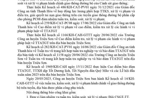 Công an huyện Triệu Sơn thông báo công khai nội dung kế hoạch TTKS, xử lý vi phạm về giao thông đường bộ (từ ngày 24/04/2023 đến ngày 30/04/2023)
