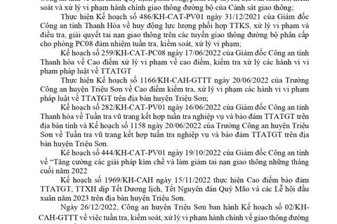 Công an huyện Triệu Sơn thông báo công khai nội dung kế hoạch TTKS, xử lý vi phạm về giao thông đường bộ (từ ngày 26/12/2022 đến ngày 01/01/2023)