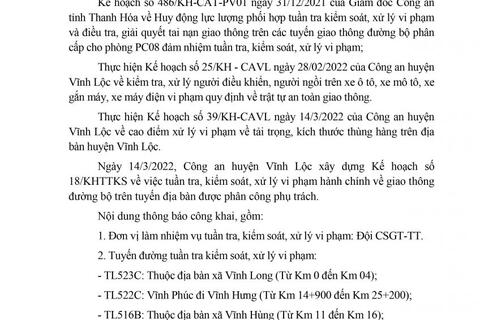 Công an huyện Vĩnh Lộc thông báo kế hoạch TTKS tuần 18 (từ 14/3/2022 đến 20/3/2022)