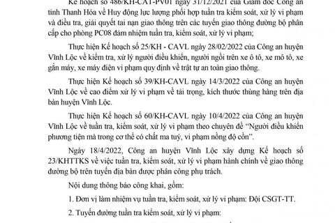 Công an huyện Vĩnh Lộc thông báo kế hoạch TTKS tuần 23 (từ 18/4/2022 đến 24/4/2022)