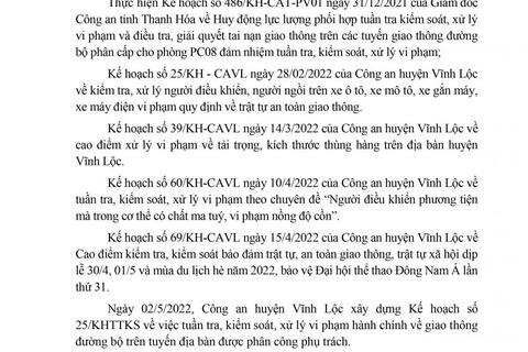 Công an huyện Vĩnh Lộc thông báo Kế hoạch TTKS tuần 25 (từ 02/5/2022 đến 08/5/2022)