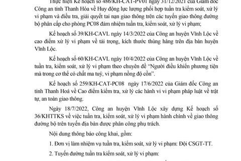 Công an huyện Vĩnh Lộc thông báo kế hoạch TTKS tuần 36 (từ 18/7/2022 đến 24/7/2022)
