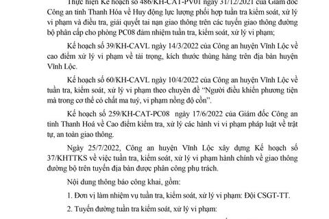 Công an huyện Vĩnh Lộc thông báo kế hoạch TTKS tuần 37 (từ 25/7/2022 đến ngày 31/7/2022)