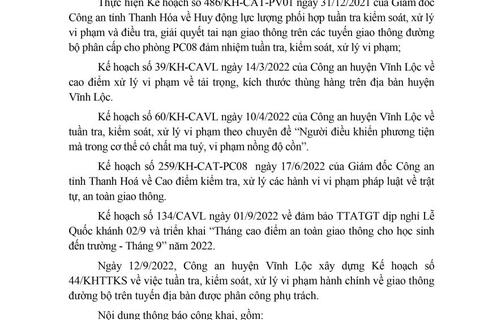 Công an huyện Vĩnh Lộc thông báo Kế hoạch TTKS tuần 44 (từ 12/9/2022 đến 18/9/2022)