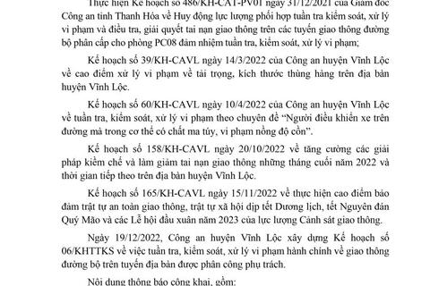 Công an huyện Vĩnh Lộc thông báo kế hoạch TTKS tuần 06 (từ 19/12/2022 đến 25/12/20220
